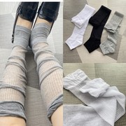 夏天网红韩版时尚白色灰色潮长筒踩脚袜套薄款透明竖条堆堆袜带跟