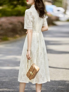 小个子米色新中式改良旗袍连衣裙夏天高端精致气质名媛蕾丝长裙子
