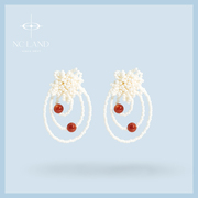 NCLand原创 许红豆 小众淑女花朵耳环白色丝绒红玛瑙手工串珠耳饰