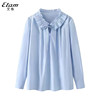 艾格花边v领蓝色衬衫，女2024早春蝴蝶结甜美衬衣，长袖薄款上衣