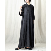 23夏季棉麻女装复古中式立领斜襟连衣裙，宽松文艺中袖改良旗袍黑色