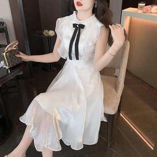 法式蝴蝶结荷叶边白色连衣裙2024夏季韩版小礼服，女日常可穿