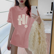 粉色T恤女中长款韩版宽松大码慵懒风夏季潮流短袖上衣ins