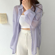 韩国chic夏季简约糖果色翻领，单排扣宽松休闲雪纺，长袖防晒衬衫上衣
