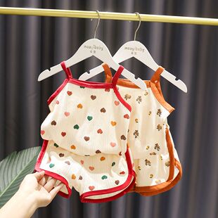1-5女宝宝洋气小清新套装，3女婴儿夏装韩版女童，吊带短裤纯棉两件套