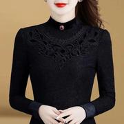 女士t恤长袖黑色半高领蕾丝上衣2024年春季装加绒保暖修身0126b