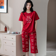 夏季睡衣女纯棉短袖七分裤，薄款全棉100%红色，本命年家居服春秋套装