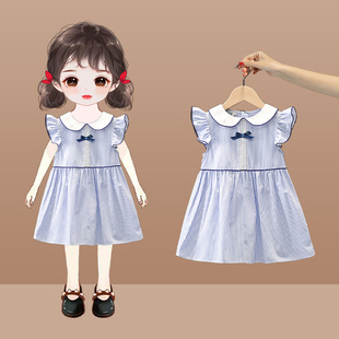 女童连衣裙夏装夏季韩版娃娃，领洋气儿童，网红宝宝公主裙蓝色