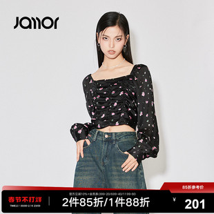 Jamor黑色花纹方领小衫女2024春季甜美时尚雪纺衫