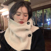韩国东大门2023冬季高领纽扣套头羊毛针织围脖女纯色保暖护颈
