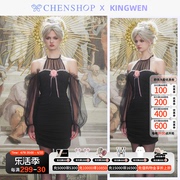 kingwen时尚黑色挂脖一字，肩网纱裙短裙连衣裙chenshop设计师品牌