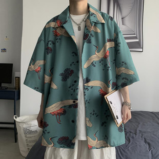日系仙鹤衬衫短袖男夏季大码寸衣设计感胖子上衣外套潮牌港风衬衣