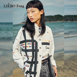 裂帛liebofeng原创设计chic甜酷铆钉不对称长袖，白色缤纷刺绣衬衫