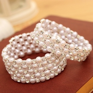 韩版时尚多层珍珠镶钻缠绕螺旋，手链宽手镯，女弹力宽手环