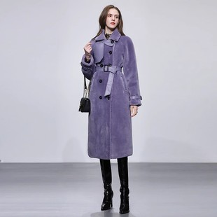 2023冬季时尚气质经典双排，扣拼接设计紫色中长款羊毛皮草外套