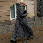 冬季外套欧美经典高端时髦酷飒系带长款羊毛呢人字纹宽松大衣女