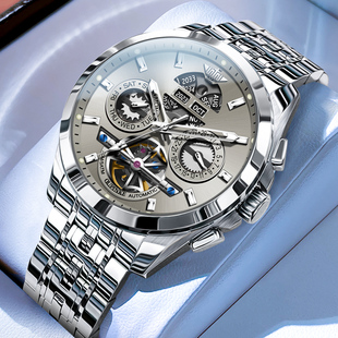 瑞士浪­琴手表，男全自动机械表时尚镂空精钢防水夜光男士手表