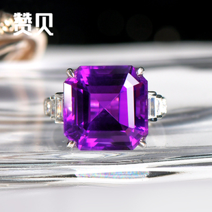 高品天然紫水晶戒指女925银欧式奢华公主方款水晶指环定制