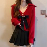 新年红色V领针织开衫女春秋法式蝴蝶结设计感小众加厚高级感毛衣