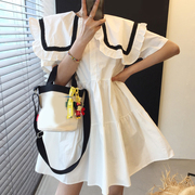 韩国chic夏季法式复古大翻领，单排扣宽松百搭短袖小个子娃娃连衣裙