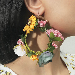 新波西米亚风情立体向日葵立体花朵，手工夸张耳环耳饰配饰跨境外