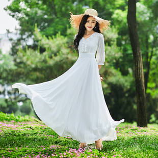 连衣裙仙女风2024夏气质(夏气质，)拖地裙子大摆裙沙滩裙白色雪纺超长裙