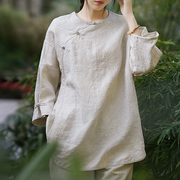 新中式茶服盘扣衬衫，女春夏2024亚麻，复古圆领长袖棉麻衬衣上衣