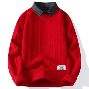红色喜庆衬衫领假两件毛衣，男红色毛衣主推款青少年，气质百搭