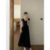 mulvan黑色短袖v领针织连衣裙女设计感小众气质修身显瘦开叉长裙