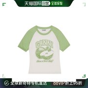 欧洲直邮GANNI 女士白色/绿色纯棉饰有绿色印花苹果图案圆领T恤