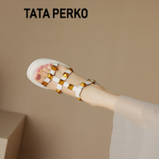 tataperko联名女鞋铆钉露趾厚底凉鞋女法式黑色，t字带搭扣高跟鞋