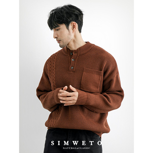 焦糖色圆领毛衣冬季男士休闲保暖条纹冬装上衣设计感咖啡色针织衫
