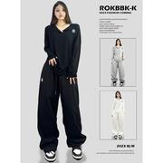 ROKBBK－K/布韩爵士嘻哈运动裤女刺绣宽松直筒跳舞hiphop长裤休闲