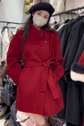 过年红色双面羊绒大衣女短款秋冬系带，修身显瘦立领羊毛呢外套
