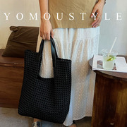 yomou镂空暗黑手工，编织尼龙布大容量托特子母购物袋腋下手提大包