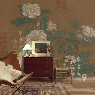 中式花鸟壁纸复古国风墙纸牡丹芙蓉蔷薇卧室客厅壁画摄影拍照汉服