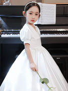 高端女童白色生日晚礼服，花童公主裙儿童小主持人，钢琴走秀演出服秋
