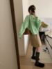 韩国俏皮可爱亮色苹果绿短款长袖，衬衫配松紧腰短裙