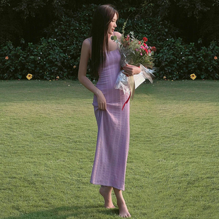 GirlsAt18 紫色吊带裙长裙女夏季法式性感修身海边气质针织连衣裙