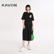 Kavon/卡汶棉质V领系带率性飒爽蕙兰花贴标假两件造型短袖连衣裙