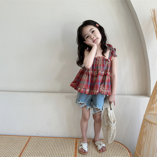 女童洋气吊带裙2024韩版小女孩春夏季花边红格子绑带娃娃衫潮