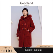 纯绵羊毛Goodland美地女装2023冬季狐狸毛领羊剪毛毛呢外套