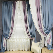 绒布拼色婚房窗帘法式美式卧室，遮光绒布女孩窗帘，蓝色紫色窗帘定制