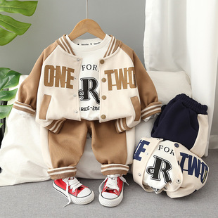 秋季男童字母圆领棒球服长袖，三件套男宝宝运动套装中小童装
