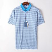 普洛克蓝色条纹短袖t恤男翻领夏季薄款纯棉，舒适半袖针织衫