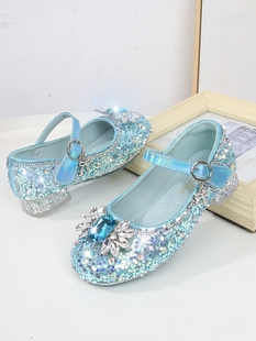 爱莎公主鞋2023春秋季小女孩水晶鞋演出鞋儿童皮鞋蓝色高跟鞋