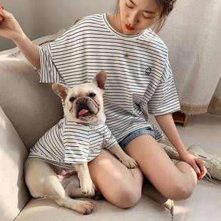 宠物t恤人狗亲子装条纹，韩版小型犬短袖，法斗比熊泰迪加菲猫咪衣服