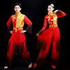 喜庆打鼓演出服中国风男女，长袖长裤水墨，红色舞蹈服古风复古古典服