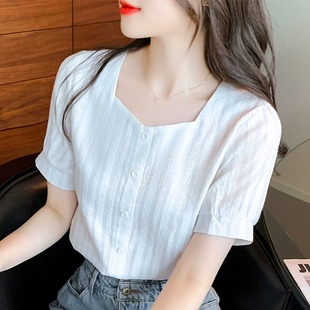 雪纺衫女短袖2023年夏季韩版宽松小衫白色时尚泡泡，袖t恤上衣