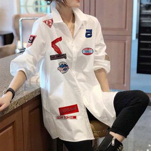 韩国东大门2024春夏刺绣，白色纯棉衬衫女宽松大码韩版中长款衬衣潮